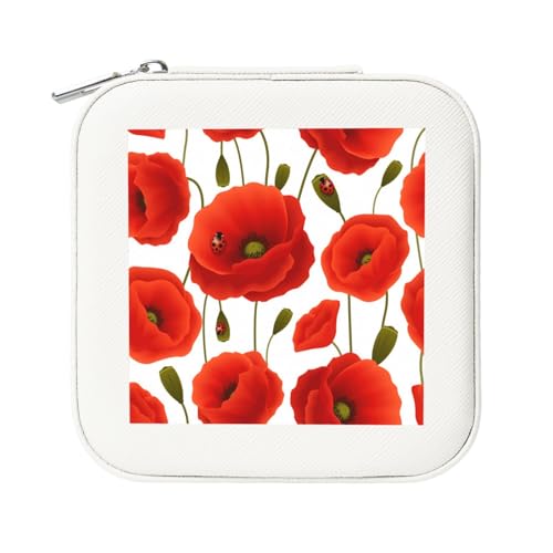 KemEng Blumenmuster aus Mohnblumen, Quadratische PVC Leder Schmuckschatulle Damen Schmuckschatulle Reise-Organizer Schmucketui von KemEng