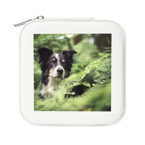 KemEng Border Collie Hunde Bokeh Haustiere Schwarz Weiß, Quadratische PVC Leder Schmuckschatulle Damen Schmuckschatulle Reise-Organizer Schmucketui von KemEng