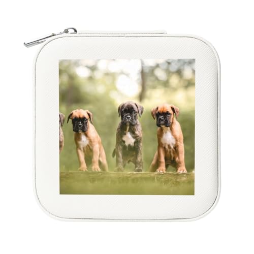 KemEng Boxer Hunde Welpen Haustiere Familienhunde, Quadratische PVC Leder Schmuckschatulle Damen Schmuckschatulle Reise-Organizer Schmucketui von KemEng