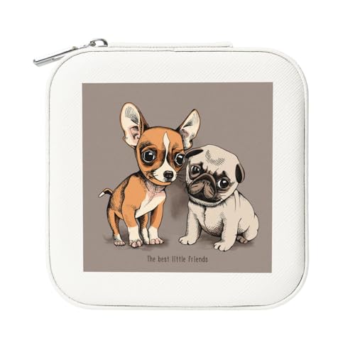 KemEng Chihuahua Bulldog süße Mops Hund Haustier Tier Freunde Welpen Beige, Quadratische PVC Leder Schmuckschatulle Damen Schmuckschatulle Reise-Organizer Schmucketui von KemEng