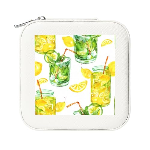 KemEng Cocktail mit Zitrone und Eis trinken, Quadratische PVC Leder Schmuckschatulle Damen Schmuckschatulle Reise-Organizer Schmucketui von KemEng