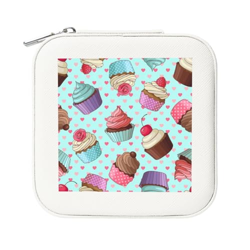 KemEng Cupcake-Muster gedruckt, Quadratische PVC Leder Schmuckschatulle Damen Schmuckschatulle Reise-Organizer Schmucketui von KemEng