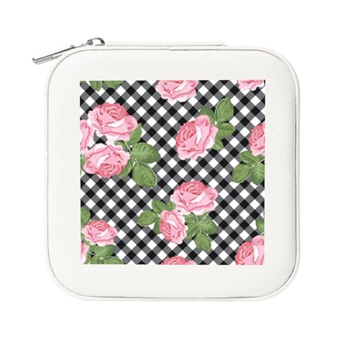 KemEng Drucken Sie Rosen auf schwarz-weiß kariertem, Quadratische PVC Leder Schmuckschatulle Damen Schmuckschatulle Reise-Organizer Schmucketui von KemEng