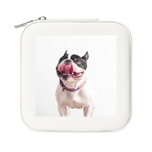 KemEng Glücklich, neugierig, hund, französische bulldogge, Quadratische PVC Leder Schmuckschatulle Damen Schmuckschatulle Reise-Organizer Schmucketui von KemEng