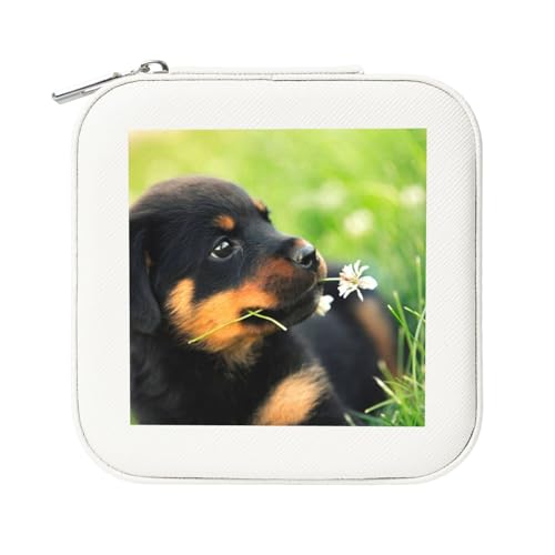 KemEng Hund Rottweiler Süß Tiere Tier Welpe, Quadratische PVC Leder Schmuckschatulle Damen Schmuckschatulle Reise-Organizer Schmucketui von KemEng