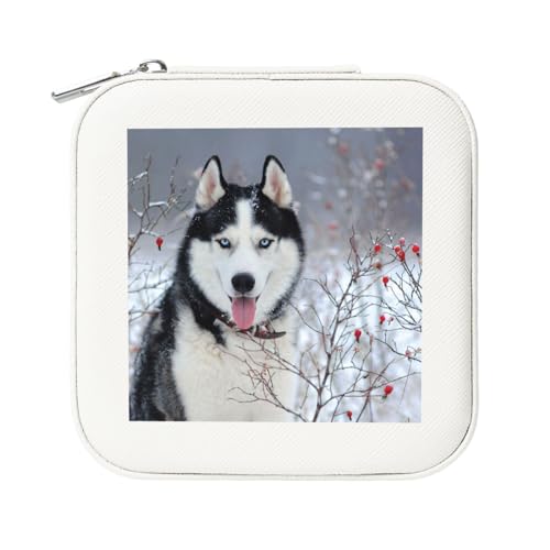 KemEng Husky im Winter, Quadratische PVC Leder Schmuckschatulle Damen Schmuckschatulle Reise-Organizer Schmucketui von KemEng