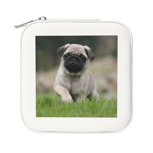 KemEng Mops Bokeh Welpen Hunde Rasen Haustiere Mops, Quadratische PVC Leder Schmuckschatulle Damen Schmuckschatulle Reise-Organizer Schmucketui von KemEng