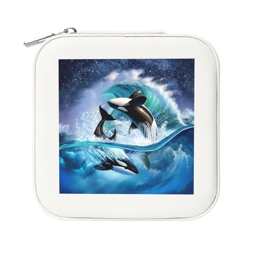 KemEng Orca Killerwale winken, Quadratische PVC Leder Schmuckschatulle Damen Schmuckschatulle Reise-Organizer Schmucketui von KemEng