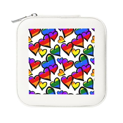 KemEng Regenbogenfarbene Herzen gedruckt, Quadratische PVC Leder Schmuckschatulle Damen Schmuckschatulle Reise-Organizer Schmucketui von KemEng