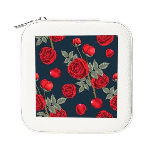 KemEng Rote Rosen Blumen, Quadratische PVC Leder Schmuckschatulle Damen Schmuckschatulle Reise-Organizer Schmucketui von KemEng