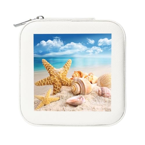 KemEng Seesterne und Muscheln am Strand, Quadratische PVC Leder Schmuckschatulle Damen Schmuckschatulle Reise-Organizer Schmucketui von KemEng