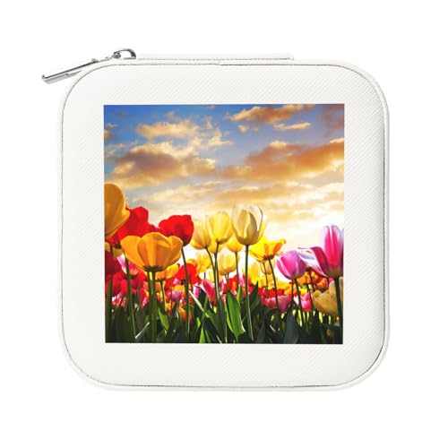 KemEng Tulpe Blume Sonnenuntergang, Quadratische PVC Leder Schmuckschatulle Damen Schmuckschatulle Reise-Organizer Schmucketui von KemEng