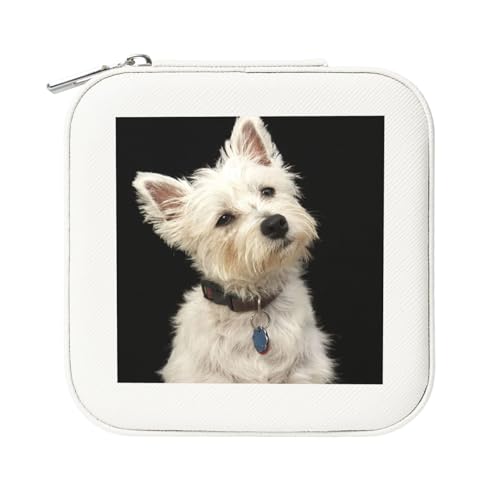 KemEng West Highland Terrier mit Halsband, Quadratische PVC Leder Schmuckschatulle Damen Schmuckschatulle Reise-Organizer Schmucketui von KemEng