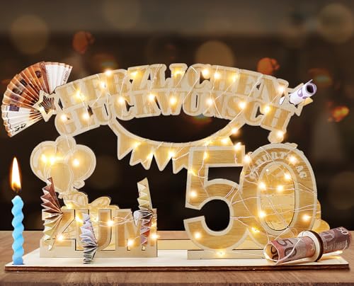 Kemanga 50. Geburtstag Geldgeschenke mit LED-Lichterkette, Holz Geschenk zum 50. Geburtstag für Männer Frau, 50. Geburtstag Dekoration Personalisiertes Geschenke von Kemanga