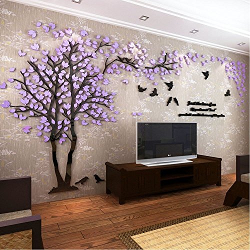 Kenmont DIY 3D Riesig Paar Baum Wandtattoos Wandaufkleber Kristall Acryl Wandtattoo Aufkleber Vögel Vine Zweig Wandkunst Wohnzimmer Schlafzimmer Kinderzimmer Sticker (Large, Lila, Recht) von Kenmont