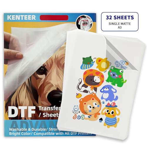 Kenteer DTF Transferfolie, A3, einseitig, glänzend, transparent, Vorbehandlungsblätter, PET-Wärmetransferpapier für alle DTF-Drucker, Direktdruck auf T-Shirts, Textil, 32 Blatt von Kenteer