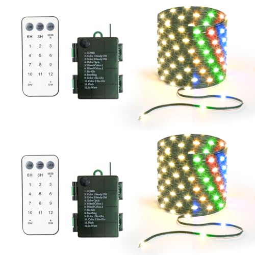 KepStars Batteriebetriebene Lichterkette, 10 m, 100 LEDs, warmweiß und mehrfarbig, batteriebetrieben, mit Fernbedienung und Timer für Innen- und Außenbereich, Weihnachtsbäume, Dekoration, von KepStars