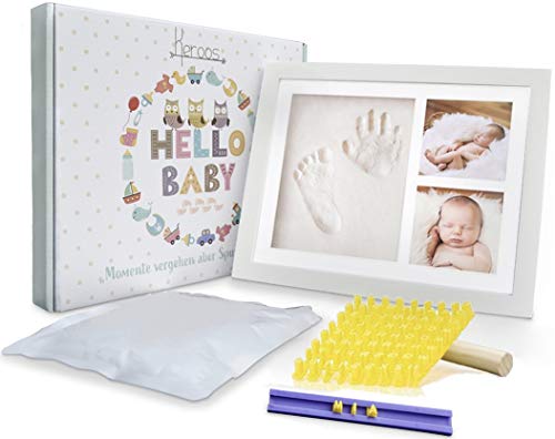 Keroos® Gipsabdruck Baby Hand und Fuß Set inkl. Buchstaben Schablonen Set | hochwertiger Bilderrahmen aus Holz | sicheres Plexiglas | geeignet auch für Tiere von Keroos