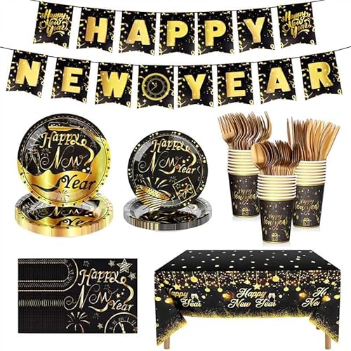 KesaPlan 170 Stück Happy New Year Party Supplies 2025, Happy New Year Dekorationen für Kinder Erwachsene, Happy New Year Banner Becher für Goldbänder, Happy New Year 2025 Einweg-Geschirr-Set für 24 von KesaPlan