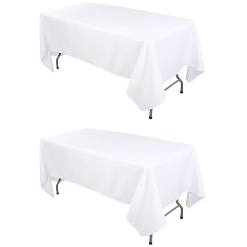 Kesfey 2 Pack weiße Polyester-Tischdecken 60x102 Zoll für 6 Ft Tische, Rechteck Stoff knitterfrei abwaschbar Tischdecke für Bankett, Party, Camping... von Kesfey