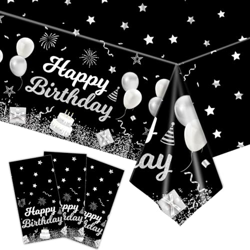 Kesfey Happy Birthday Tischdecken Happy Birthday Dekorationen, Kunststoff-Tischdecke, rechteckig, abwischbar, für Babyparty, Geburtstagsparty, 274 x 137 cm, Silber und Schwarz, 3 Stück von Kesfey