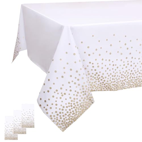 Kesfey Weiße und goldene Tischdecken, 137,2 x 274,3 cm, goldfarbene Punkte, weiße Kunststoff-Tischdecken, Einweg-Kunststoff-Tischdecke, Papiertischdecken für Partys, Hochzeiten, 3 Stück von Kesfey