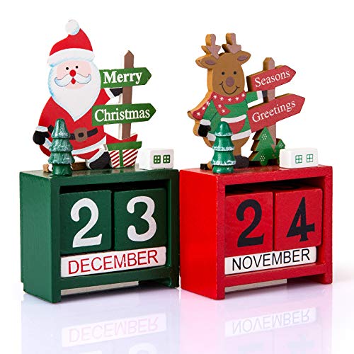 Kesote 2X Adventskalender Tisch Dauerkalender Weihnachtskalender Würfel Holz Bürokalender Weihnachten Deko, Nikolaus und Rentier von Kesote