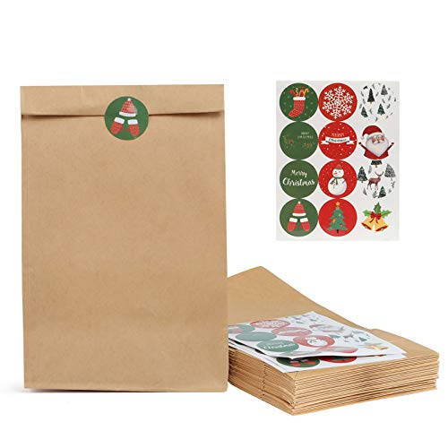 Kesote Kraftpapier Tüten Set, 48 Stück Braun Papiertüten Geschenkbeutel Cantytasche mit 48 Stück Weihnachten Aufkleber Sticker für Adventskalender Party Weihnachten Hochzeit (27 x 15 x 9 cm) von Kesote