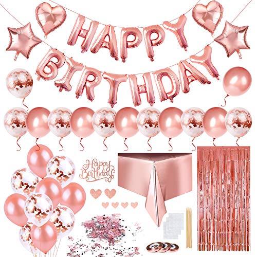 Keten Geburtstagsdeko Rosegold, Happy Birthday Girlande 24 Konfetti und Latex Luftballons 4 Herz Stern Folienballons Vorhang und Einwegtischdecke Ballonbändern von Keten