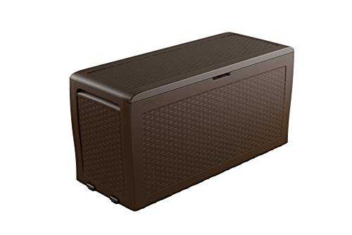 Keter Auflagenbox, Kissenbox, Rattanoptik, 270 L, Aufbewahrungsbox für Garten, Innen, Außen, 117 x 45 x 57 cm, Gartenbox mit Deckel, Griffen, wetterfest, Gartentruhe aus Kunststoff (Braun) von Keter