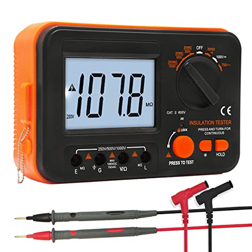 Digital Megohmmeter, Kethvoz 1000V Isolationsprüfer, Isolationswiderstand 0.1MΩ-2GΩ mit 250V/500V/1000V Prüfspannung, Messen AC/DC Spannung Isolierungsprüfung Tester, Inkl. Messspitzen Krokodilklemmen von Kethvoz