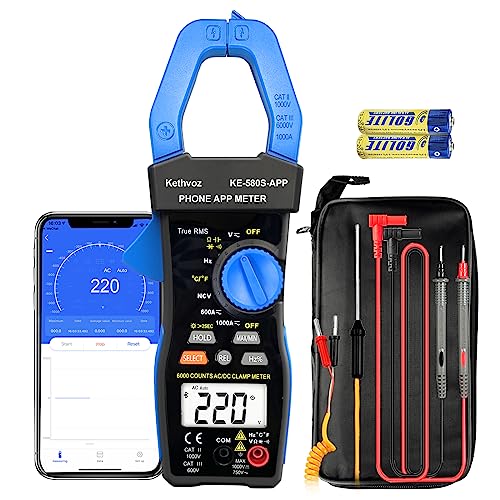 Digital Multimeter 1000A Stromzange, Kethvoz Bluetooth Zangenamperemeter mit Datenprotokollierung Messen AC DC Strom Spannung Ohm, 6000 Count Strommessgerät Voltmeter Durchgangsprüfer von Kethvoz