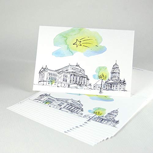 10 Berliner Weihnachtskarten mit dem Gendarmenmarkt, gezeichnet von Stefanie Jordan, Klappkarten mit blauen Kuverts von Kettcards