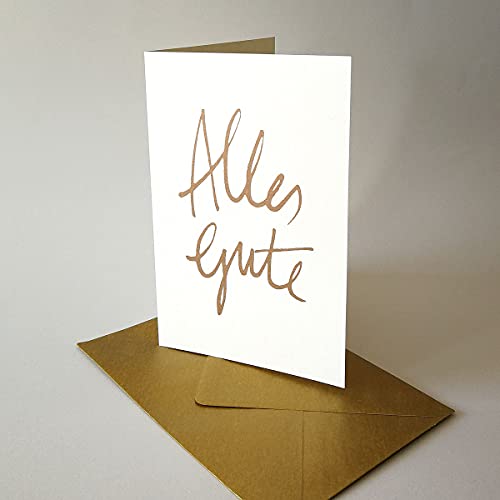 10 Recycling-Glückwunschkarten: Alles Gute (Schrift: Stefanie Jordan), goldener Druck auf cremeweißem Recycling-Karton, Klappkarten inkl. goldenem Umschlag B6 von Kettcards