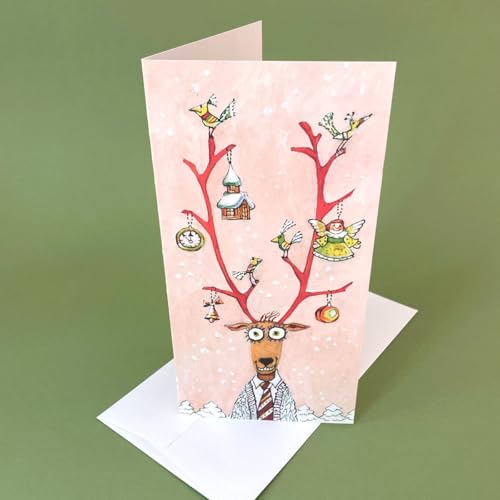 10 Recycling-Weihnachtskarten mit Hirsch mit weihnachtlich geschmücktem Geweih (gezeichnet von Tatiana Demidova), Klappkarten mit weißen Recyclingumschlägen von Kettcards