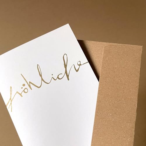 10 Recycling-Weihnachtskarten mit braunen Recyclingumschlägen DIN C6: fröhliche weihnachten wünscht, DIN A6-Klappkarte mit goldenem Druck von Kettcards