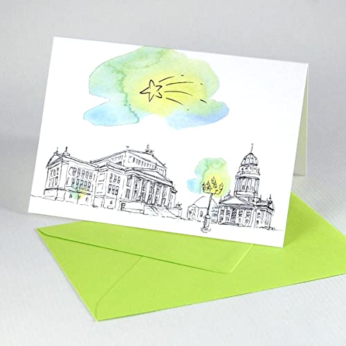 Berliner Weihnachtskarte mit dem Gendarmenmarkt, gezeichnet von Stefanie Jordan, Klappkarte mit maigrünem Umschlag von Kettcards