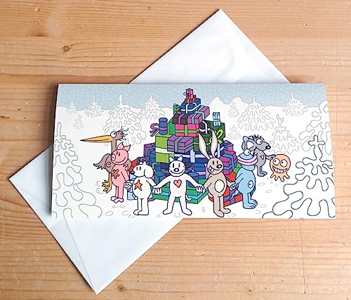 Cartoon-Weihnachtskarte von Wolfgang Freund: Geschenke bewachen im Wald, Klappkarte mit hochwertigem, naturweißem Umschlag (Gohrsmühle, gefüttert) von Kettcards