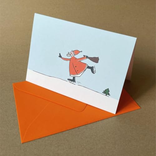 Schlittschuhlaufender Weihnachtsmann - witzige Klappkarte mit gefüttertem, orangem Kuvert von Kettcards