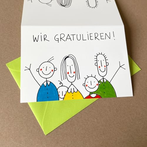 WIR GRATULIEREN! - Glückwunschkarte mit Strichmännchen von Franz Basdera. Klappkarte inkl. maigrünem Umschlag (für Geburtstag, Jubiläen, Rente, Abschied ...) von Kettcards