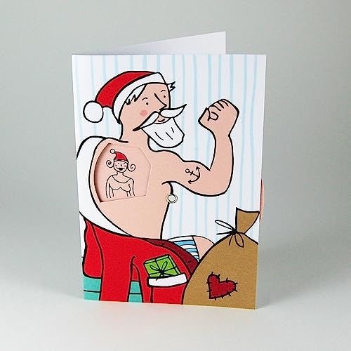 Weihnachtskarte mit Drehscheibe: Weihnachtsmann mit Tattoos, Klappkarte mit rotem Umschlag, Idee und Entwurf: Anke Thomas von Kettcards