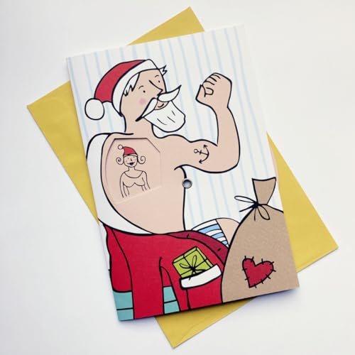 Weihnachtskarte mit Drehscheibe: Weihnachtsmann mit Tattoos, Klappkarte: Offsetdruck auf Recyclingkarton, mit ockerfarbenem Recycling-Umschlag, Idee und Entwurf: Anke Thomas von Kettcards