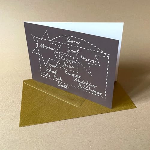 ausgefallene Weihnachtskarte: minimalistische Krippe (fast nur Text), Klappkarte mit goldenem, gefüttertem Umschlag (Gestaltung: Christiane Raske) von Kettcards