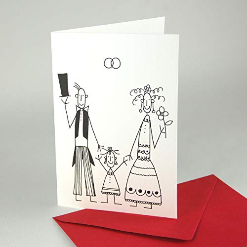 witzige Glückwunschkarte zur Hochzeit mit Kind/Traufe: Brautpaar mit Mädchen, Klappkarte auf hochwertigem geripptem Karton inkl. rotem Umschlag von Kettcards