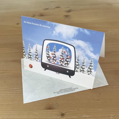 witzige Weihnachtskarte für Nostalgiker: Der kleine Fernseher für unterwegs. Klappkarte DIN A6 mit Direktrecyclingumschlag C6 von Kettcards