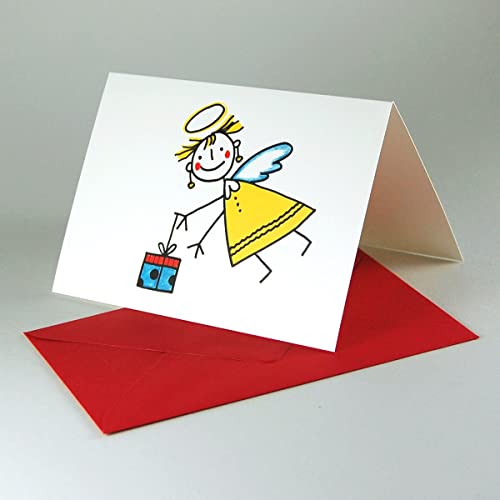 witzige Weihnachtskarte: Engel mit Geschenk, Klappkarte mit rotem Umschlag (Zeichner: Franz Basdera) von Kettcards