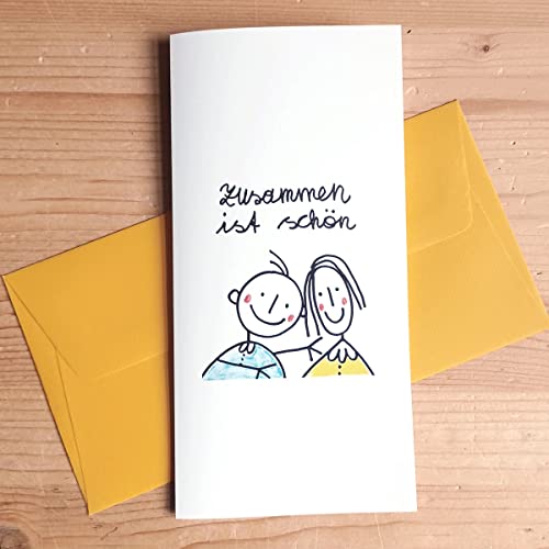 zusammen ist schön - tolle Karte für Glückwünsche zur Verlobung und Hochzeit, Klappkarte DIN lang mit gelbem, gefüttertem Umschlag von Kettcards