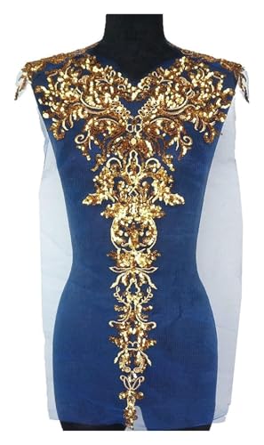 Applikation, bestickter Aufnäher, 1 Set, 3 Stück, goldfarbene Pailletten-Applikationen, Netz-Epaulette, Stickerei, Spitzenstoff, Hochzeit, Aufnäher for Kleid, DIY(Blue) von KeuLen