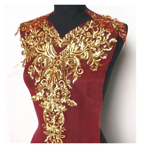 Applikation, bestickter Aufnäher, 1 Set, 3 Stück, goldfarbene Pailletten-Applikationen, Netz-Epaulette, Stickerei, Spitzenstoff, Hochzeit, Aufnäher for Kleid, DIY(Red) von KeuLen