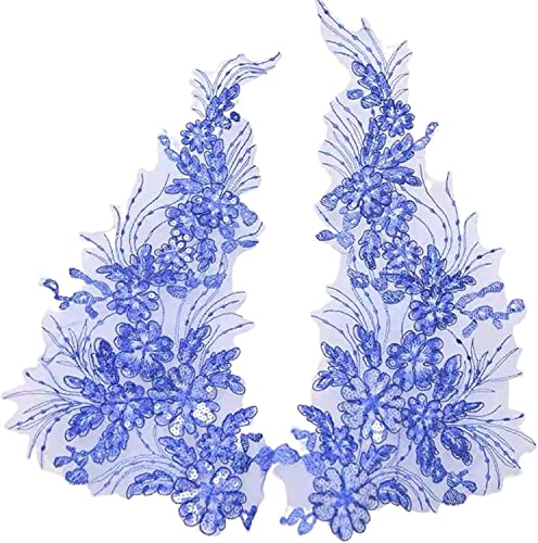 Applikation, bestickter Aufnäher, 2 Stück/Set, Stickerei, Blumenaufnäher, Pailletten, handgefertigt, DIY-Applikation, Hochzeitskleid, Kleidungszubehör, Spitzenaufnäher(Blue) von KeuLen